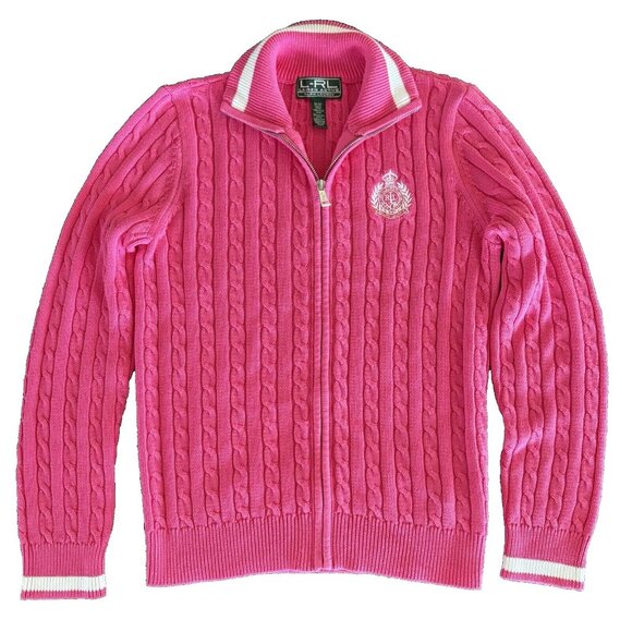 Lauren Ralph Lauren Sweaters - Lauren Ralph Lauren Active Cable Knit Zip Cardigan Pink White Logo Size Medium